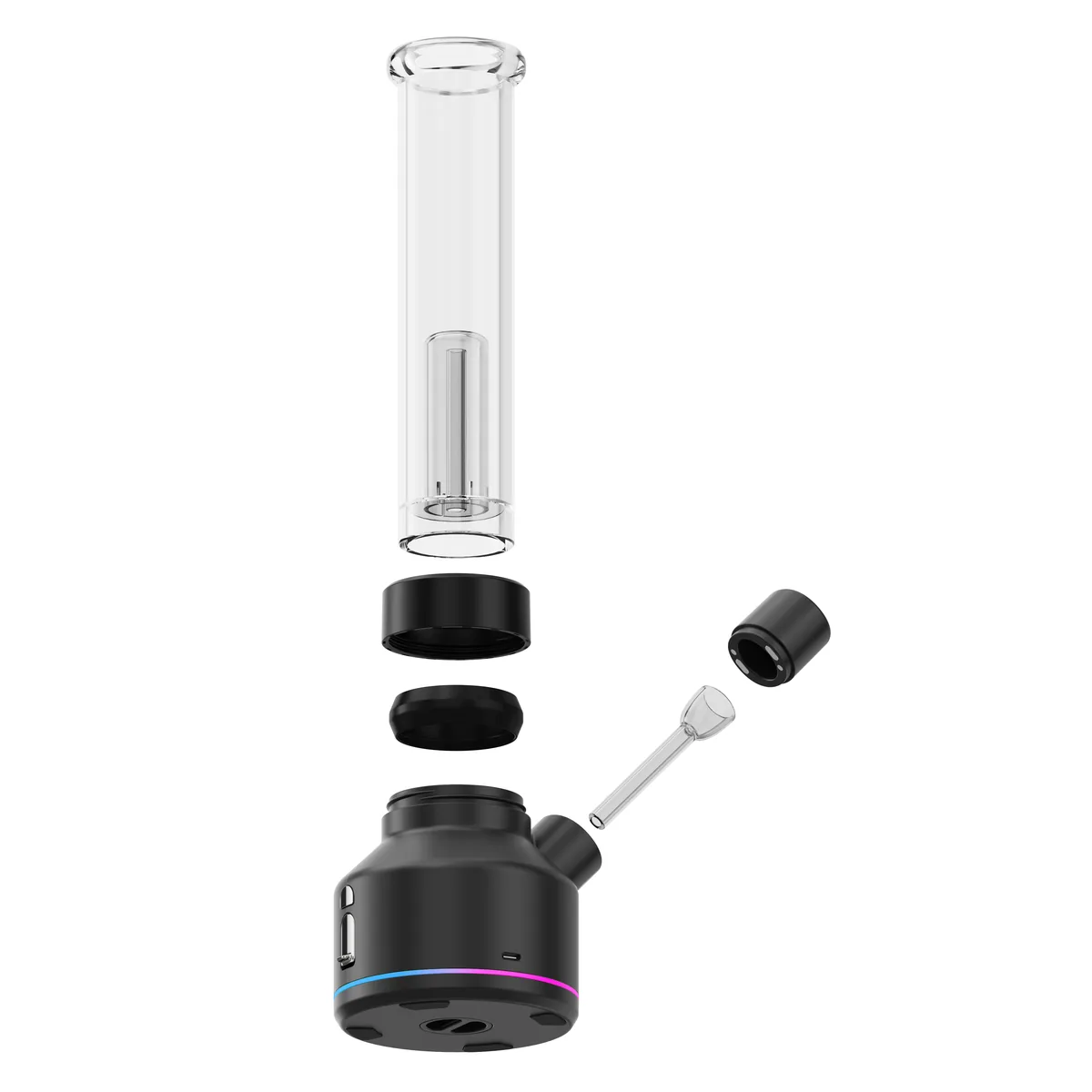 Exploded view of an electronic bong showing the glass tube, water chamber, electric heating base and RGB light ring