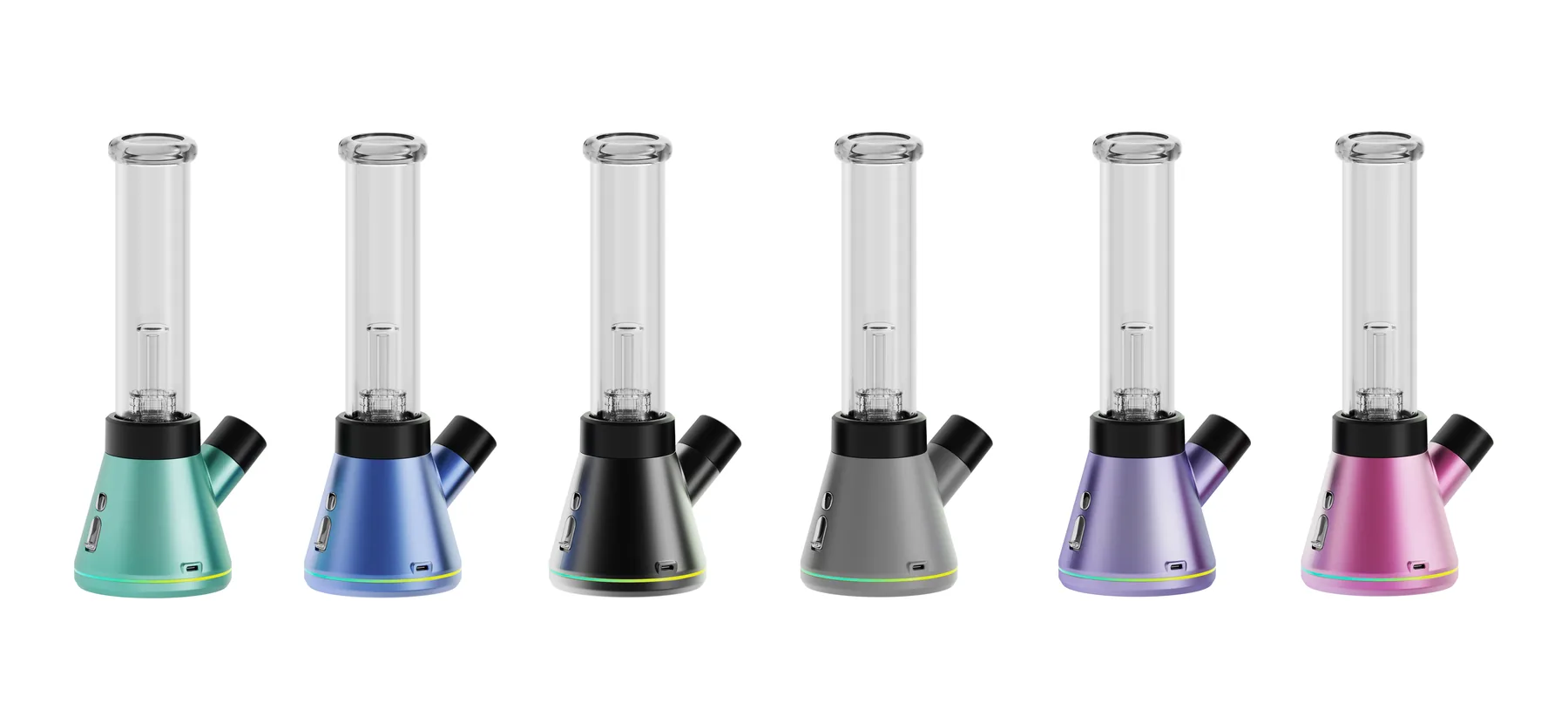 Tabletop electronic bong (eBong) shown in six colours with LED-lit base and water filtration