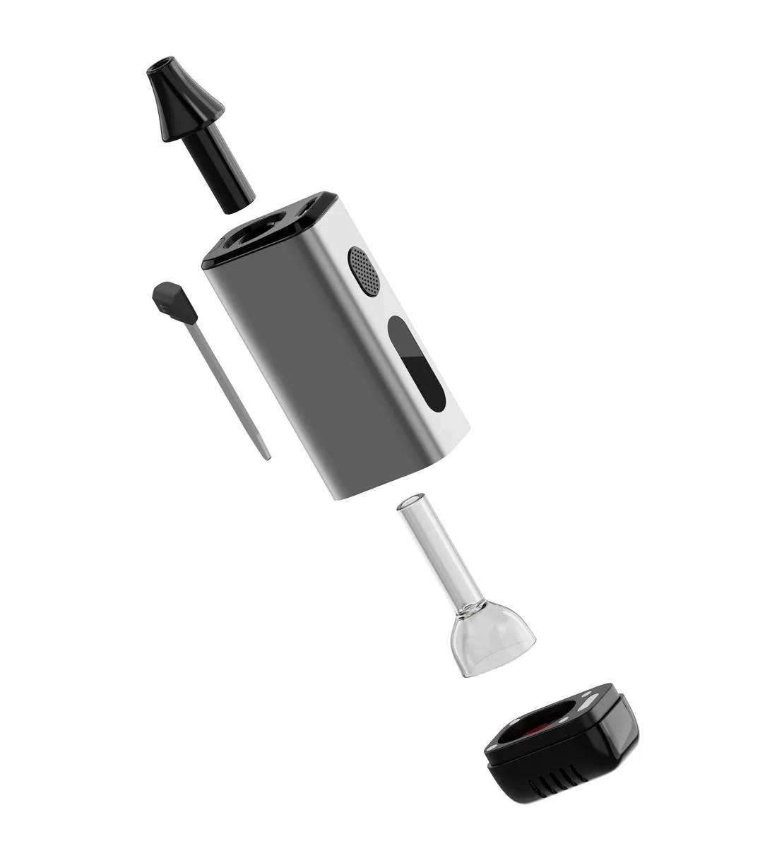 Exploded view of a handheld electric herb pipe: mouthpiece, brushed-steel body, loading tool, glass bowl and the electric heater cap with mesh and contacts